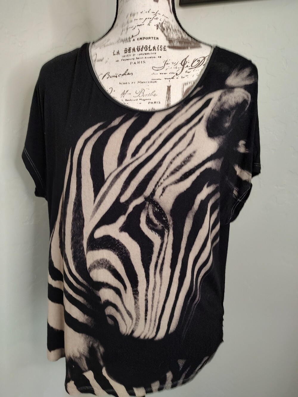 Y2K Skinny Minnie Zebra Graphic Rhinestone Top Safari Chic 90's Soft SZ: XL